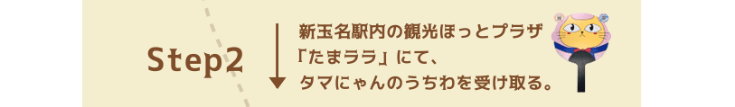 Step2新玉名駅内の観光ほっとプラザ「たまララ」にて、タマにゃんのうちわを受け取る。