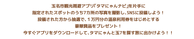 玉名市観光周遊アプリ「タマにゃんナビ」を片手に指定されたスポットのうち7カ所の写真を撮影し、SNSに投稿しよう！投稿された方から抽選で、１万円分の温泉利用券をはじめとする豪華賞品をプレゼント！今すぐアプリをダウンロードして、タマにゃんと玉7を探す旅に出かけよう！！